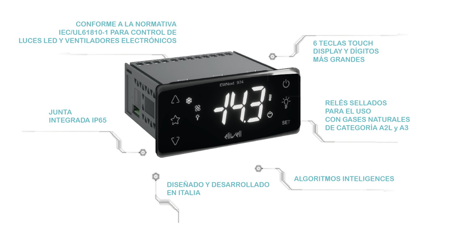 Foto do novo controlo EWnext P/R para armários de alta eficiência com reaquecimento. Com funcionalidades de controlo adicionadas à imagem