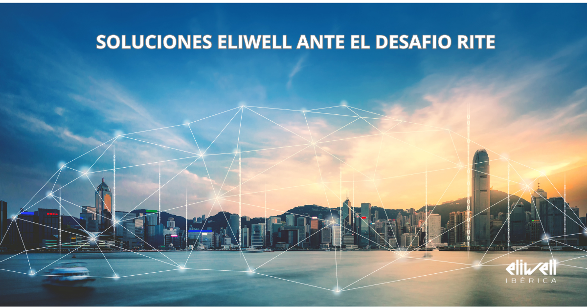 PANORAMA RITESOLUCIONES ELIWELL Foto de una ciudad cualquiera al anochecer con líneas que envuelven la imagen indicando interconexion. Está el logo de Eliwell Ibérica en blanco en la esquina inferior derecha. arriba en la foto una frase en blanco que dice: "soluciones ELiwell ante el desafío RITE".