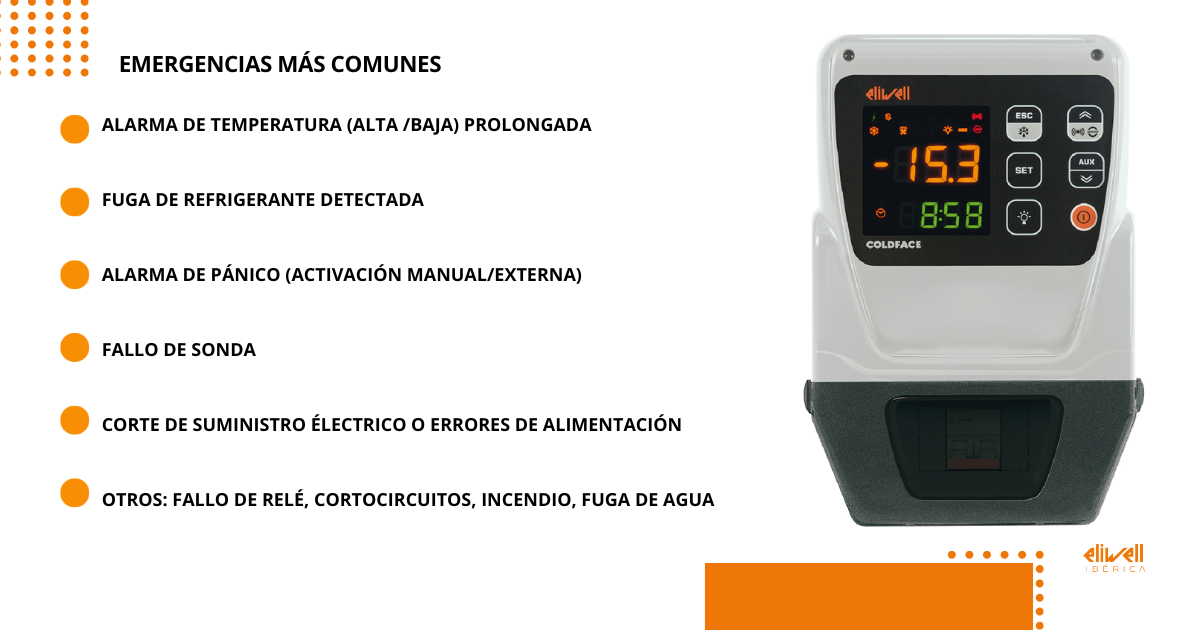 emergencias_ comunes_coldface_camaras_frigorificas_Eliwell (1) En la parte izquierda de la foto están escritas las emergencias más comunes en cámaras frigoríficas. En la parte derecha de la imagen hay una gran imagen de una coldface